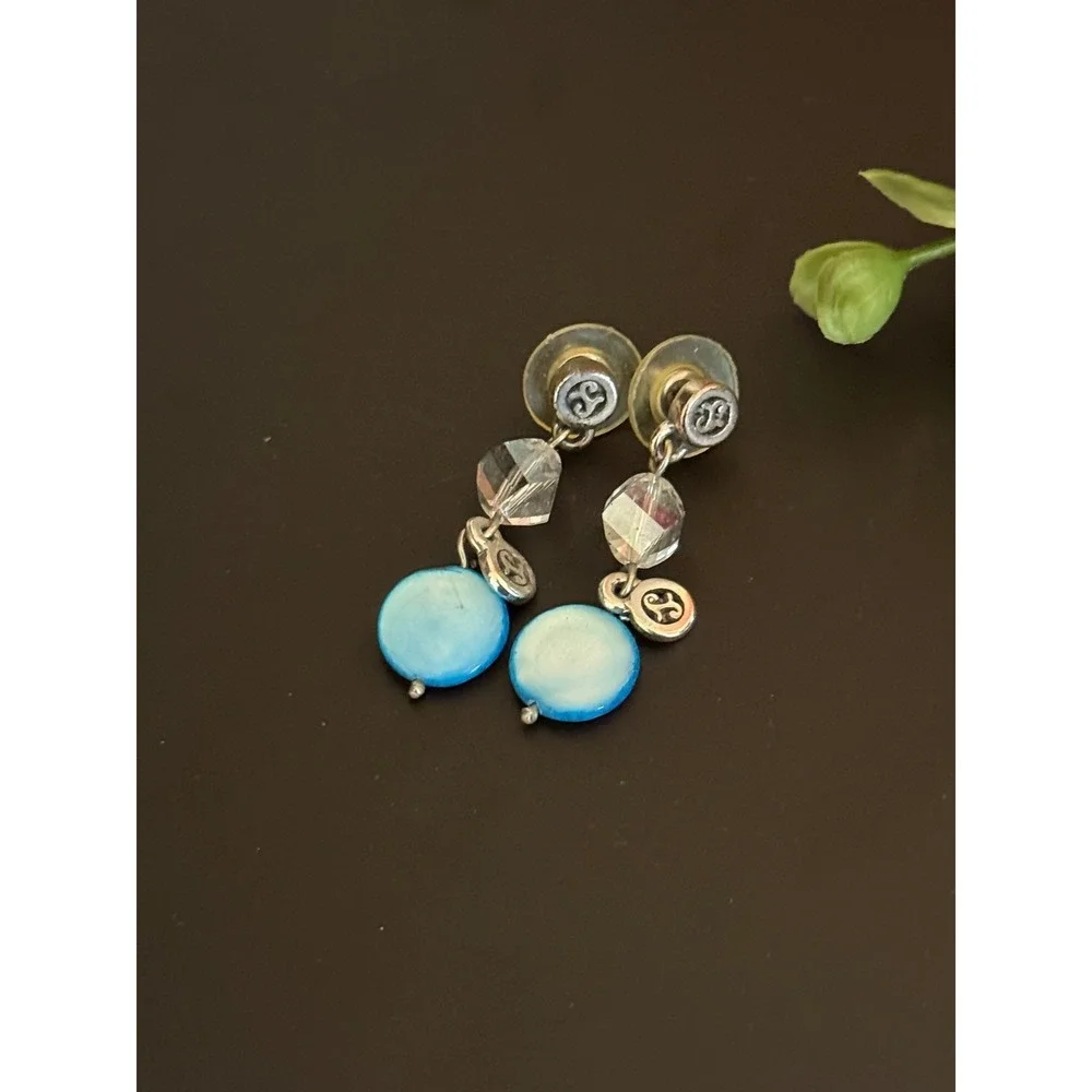 Brighton Blue Mother of Pearl Crystal Drop Earrings Silver Tone Scroll Logo